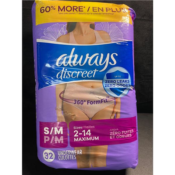 1 Pack of Always Discreet Zero-Leak Incontinence/Post-Partum Underwear - S/M - 32 Count - New