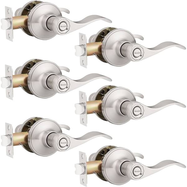 6-Pack Probico Satin Nickel Locking Indoor Door Handle Sets - New; Partly Damaged Boxes - See Photos