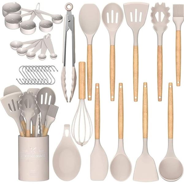 1 Silicone Kitchen Utensils Set - Khaki Colour - 33PC Set; Non-Stick Silicone Cooking Utensils; New!