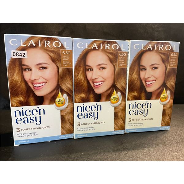 3 Boxes of Clairol Nice n' Easy Permanent Hair Dye - Shade 6.5G (Lightest Golden Brown) - New