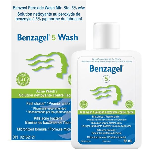 4 Boxes of Benzagel 5% Benzoyl Peroxide Acne Wash - 85 mL Each - Prevents & Kills Acne Bacteria; New