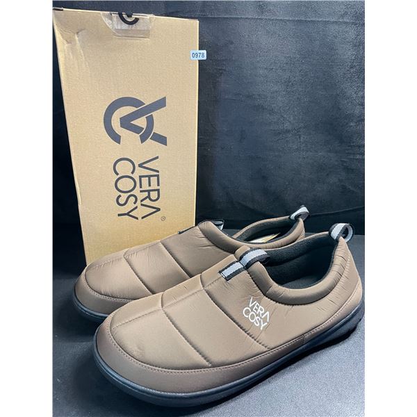 1 Pair of Vera Cosy Men's Quilted Slippers w/ Grip Bottom - Size 11-12 - Coffee Colour - New in Box!