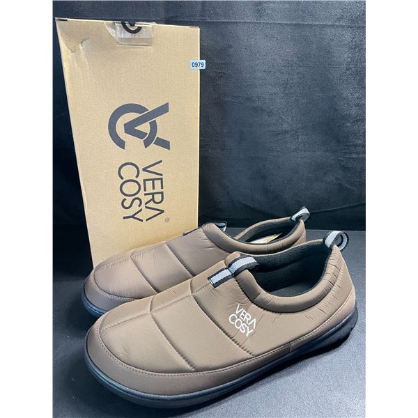 1 Pair of Vera Cosy Men's Quilted Slippers w/ Grip Bottom - Size 11-12 - Coffee Colour - New in Box!