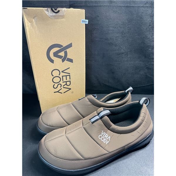 1 Pair of Vera Cosy Men's Quilted Slippers w/ Grip Bottom - Size 11-12 - Coffee Colour - New in Box!