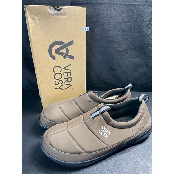 1 Pair of Vera Cosy Men's Quilted Slippers w/ Grip Bottom - Size 11-12 - Coffee Colour - New in Box!