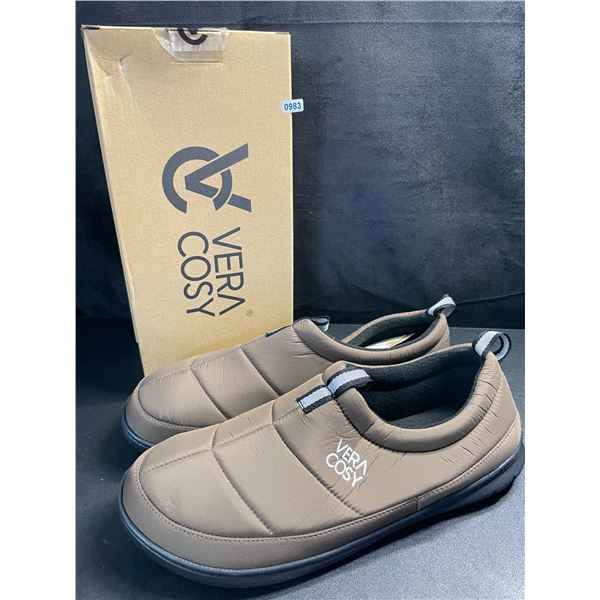 1 Pair of Vera Cosy Men's Quilted Slippers w/ Grip Bottom - Size 11-12 - Coffee Colour - New in Box!