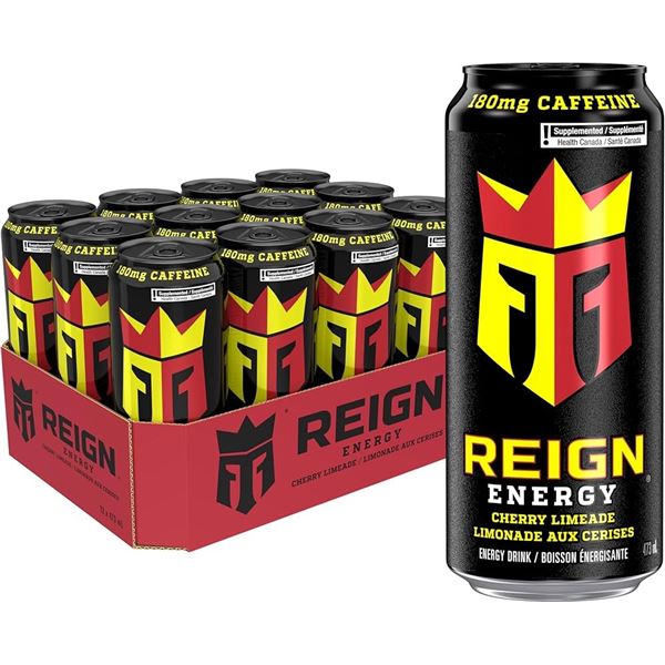 1 Case of REIGN Energy Drinks - Cherry Limeade - Pack of 12 x 473ml Cans - BB: MR 16/2026