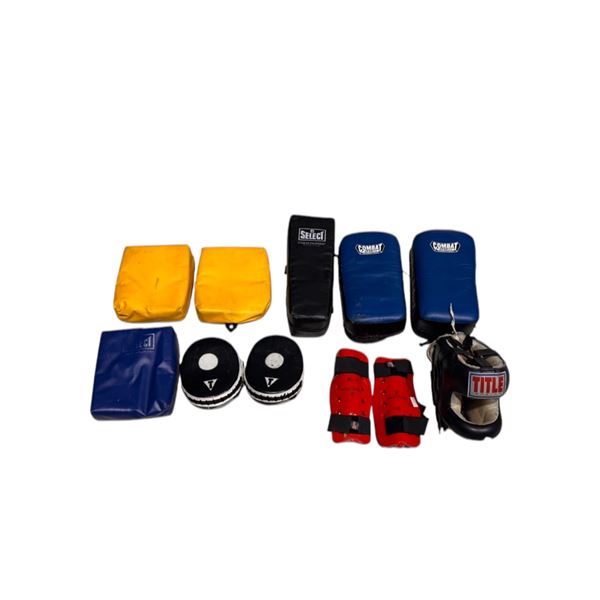 Group of Martial Art Training Gear (Head Gear - Punch Mitts - Kicking Pads)