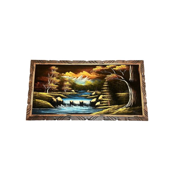 Vintage Landscape Painting on Black Velvet (Aprox 40" x 26") Hand Carved Wooden Mexican Frame