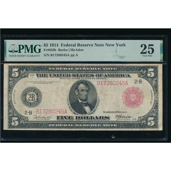 1914 $5 Red Seal New Yor FRN PMG 25