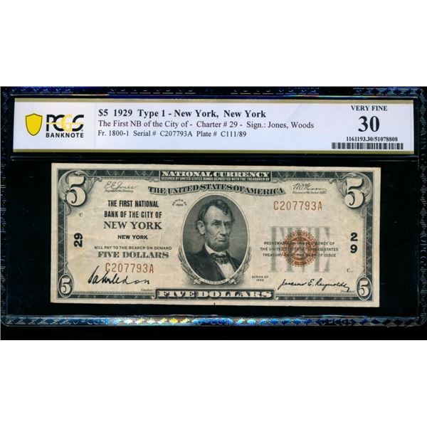 1929 $5 New York NY National PCGS 30