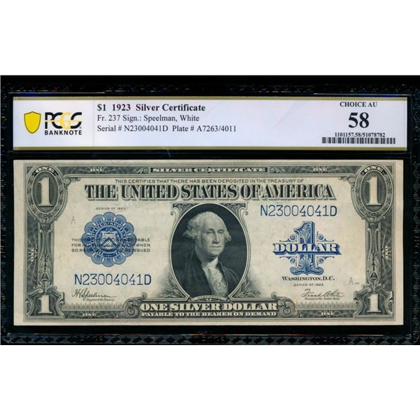 1923 $1 Silver Certificate PCGS 58