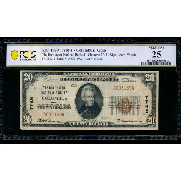 1929 $20 Columbus Ohio National PCGS 25