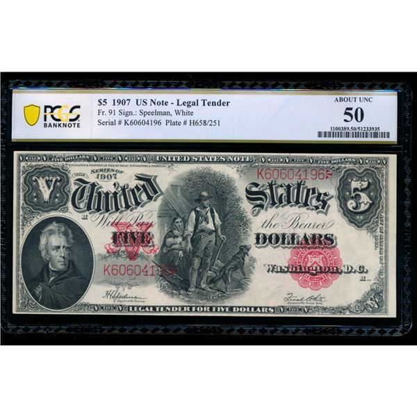 1907 $5 Legal Tender Note PCGS 50