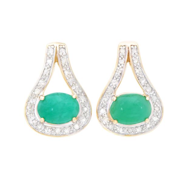 Plated 18KT Yellow Gold and Sterling Silver 2.55ctw Emerald and Diamond Earrings