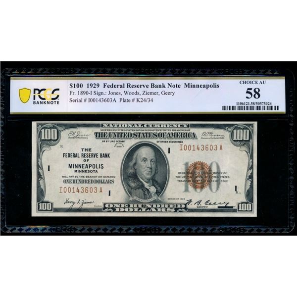 1929 $100 Minneapolis FRN PCGS 58