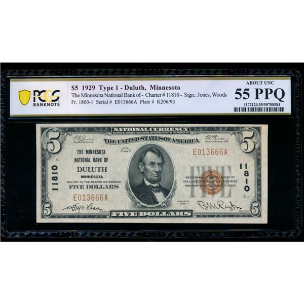 1929 $5 Duluth MN National PCGS 55PPQ