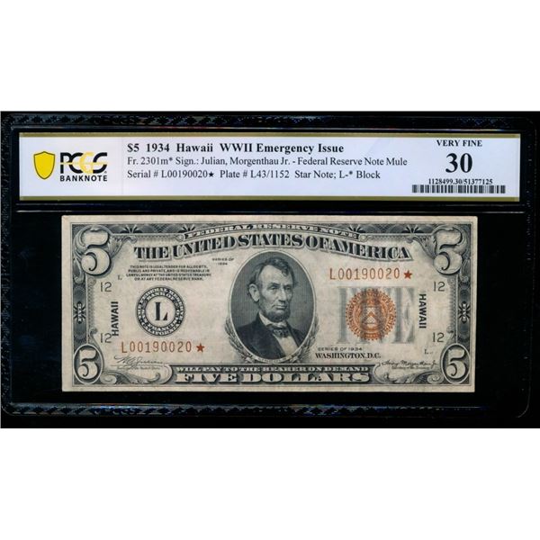 1934 $5 STAR Mule Hawaii FRN PCGS 30