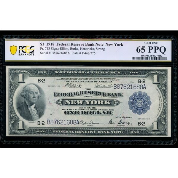 1918 $1 New York FRBN PCGS 65PPQ