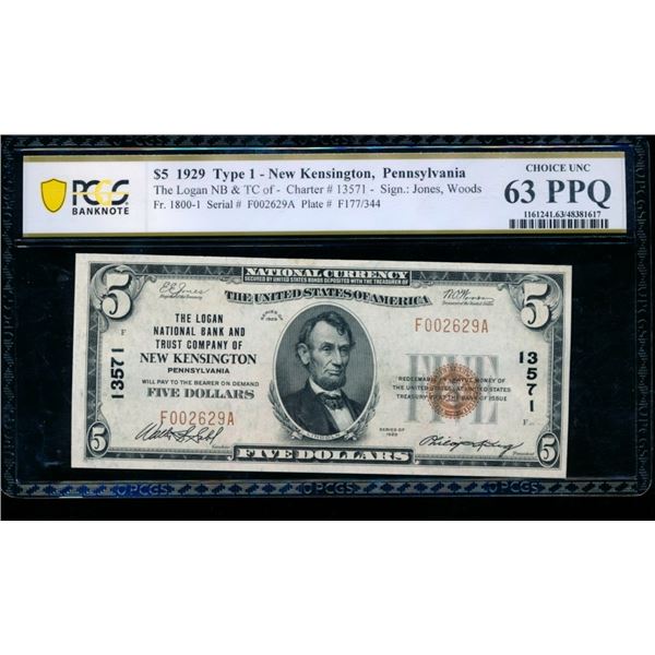 1929 $5 New Kensington PA National PCGS 63PPQ