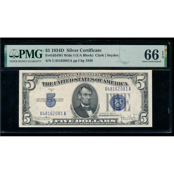 1934D $5 Silver Certificate PMG 66EPQ