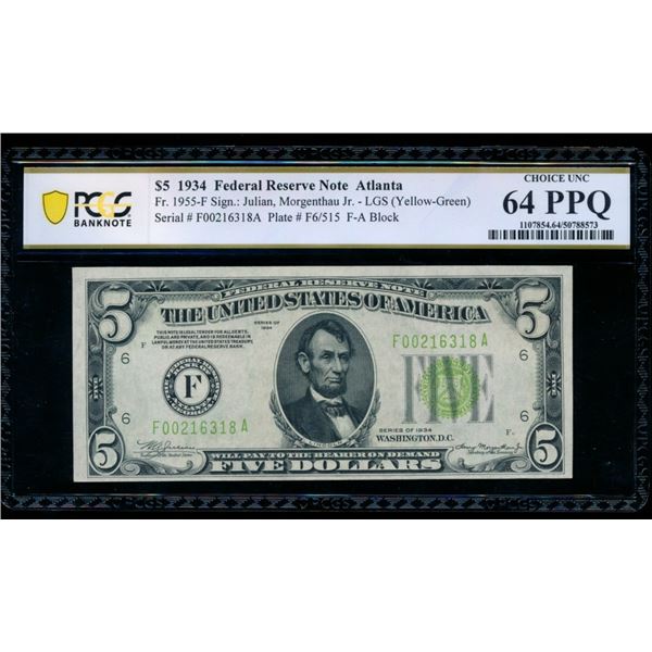 1934 $5 Atlanta FRN PCGS 64PPQ