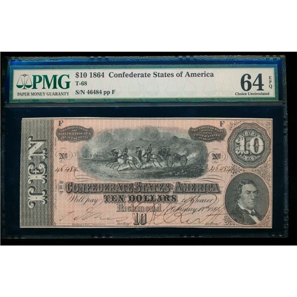 1864 $10 T-68 Confederate PMG 64EPQ