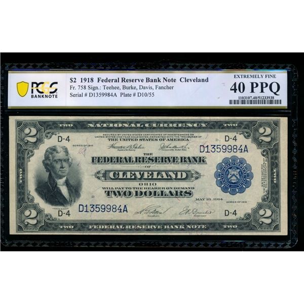 1918 $2 Cleveland FRBN PCGS 40PPQ