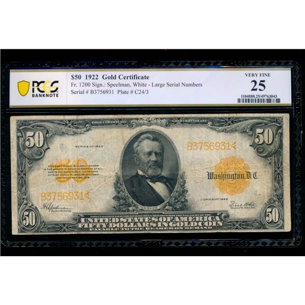 1922 $50 Gold Certificate PCGS 25