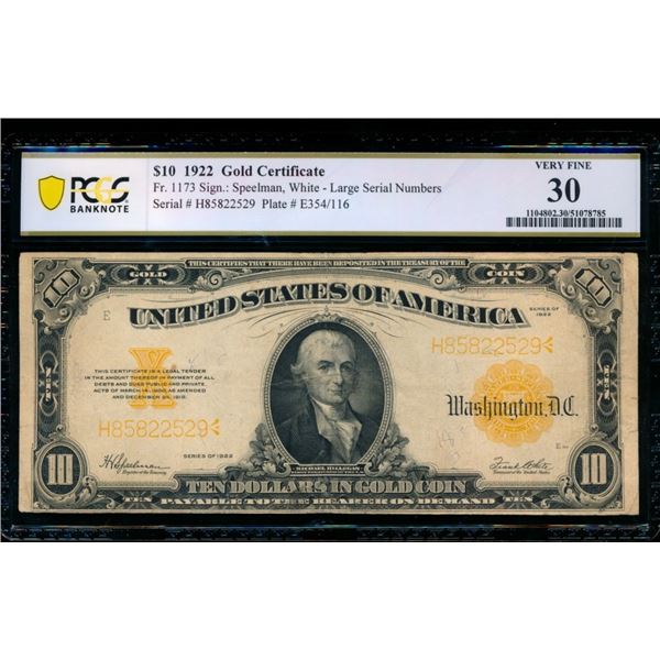 1922 $10 Gold Certificate PCGS 30