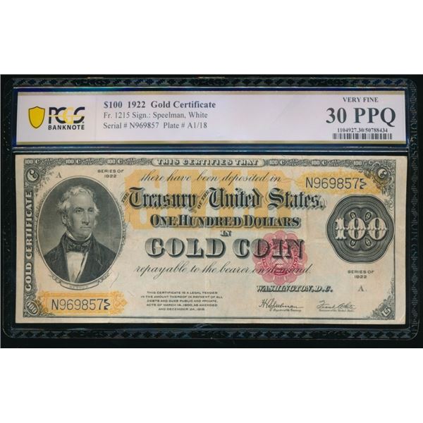 1922 $100 Gold Certificate PCGS 30PPQ