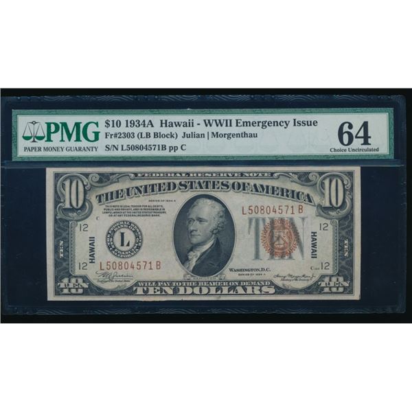 1934A $10 Hawaii FRN PMG 64