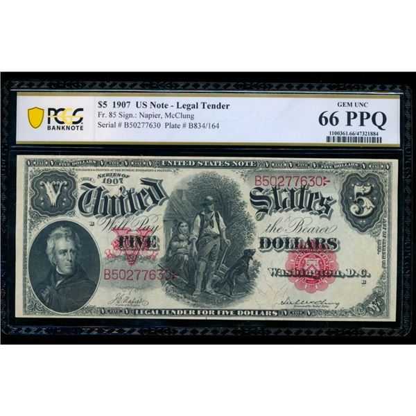 1907 $5 Legal Tender Note PCGS 66PPQ