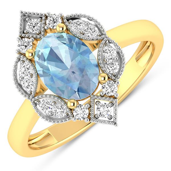 14KT Yellow Gold 0.96ctw Aquamarine and Diamond Ring