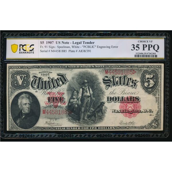 1907 $5 Legal Tender Note PCGS 35PPQ