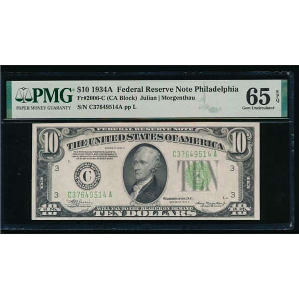 1934A $10 Philadelphia FRN PMG 65EPQ