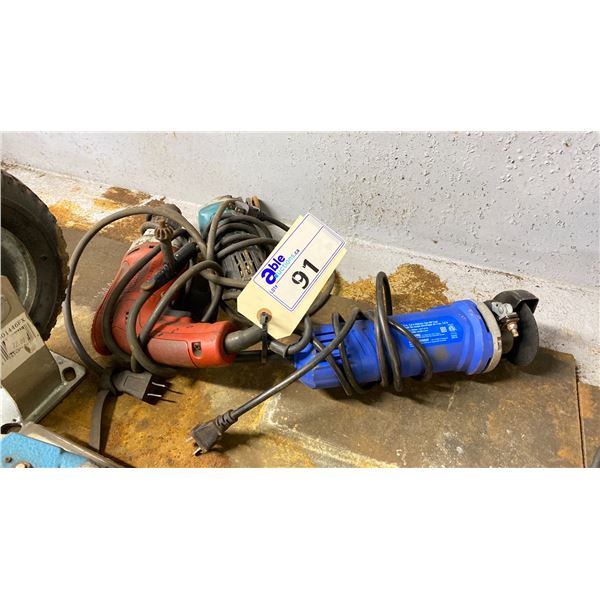 GROUP OF MAKITA ANGLE GRINDER, MILWAUKEE 3/8" DRILL AND POWERFIST CUT OFF SAW