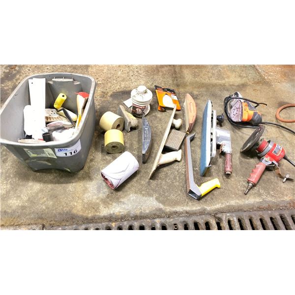 GROUP LOT OF AUTO BODY TOOLS. AIR BOARD, RASP, ORBITAL SANDER, CORNER SANDER, HAND TOOLS, ETC