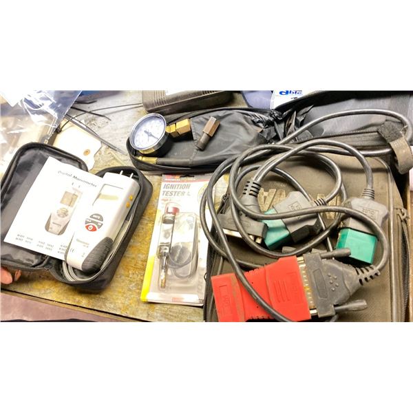 GROUP LOT OF KLEIN COMPRESSION TESTER, DIGITAL NANOMETER, INNOVA ELECTRONIC TEST ADAPTOR CABLES