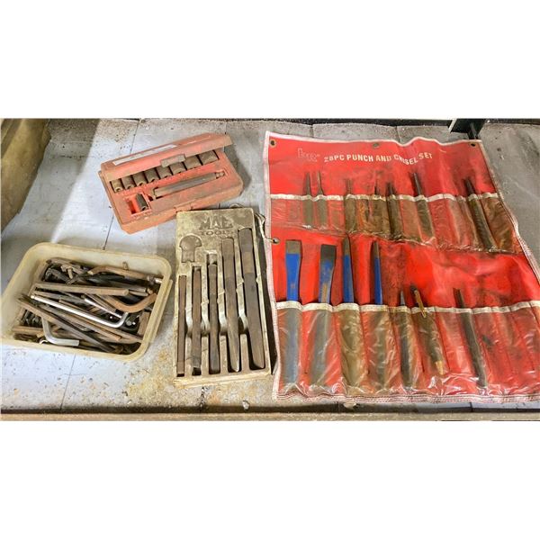 GROUP LOT OF CHISELS, PUNCHES AND HOLE PUNCHES, ALAN KEYS