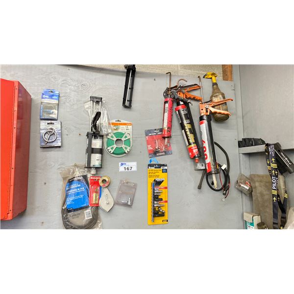 CONTENTS OF WALL 10MM SOCKET SET, TRIMMER CORD, ADHESIVE DISPENSING GUNS, WIRE PROTECTOR, CHALK