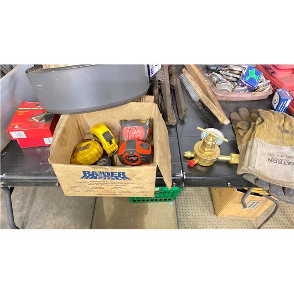GROUP LOT OF TAPE MEASURES, CARPET TAPE, WIRE BRUSHES, COVE BASE, GAUGE, WELDING GLOVES