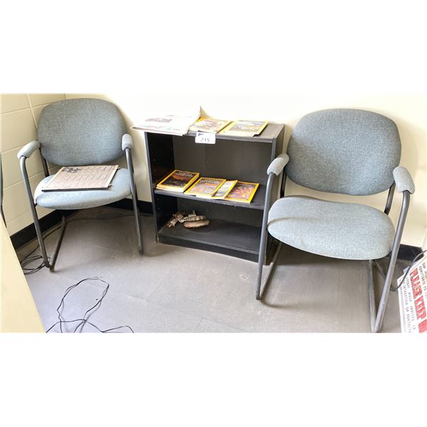 SMALL BOOKSHELF, TWO WAITING ROOM CHAIRS
