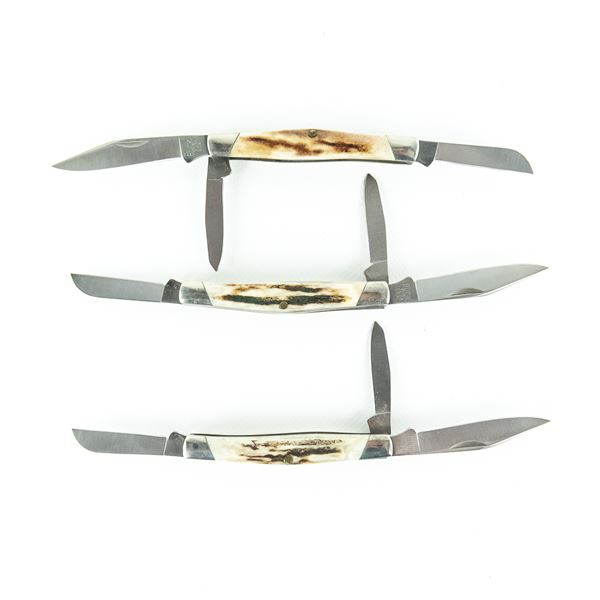 3 Vintage Buck USA Model 303 Stag Pocket Knives