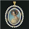 Image 2 : Vintage 18k Gold Oval Painted Portrait Diamond Enamel Pearl Frame Brooch Pendant