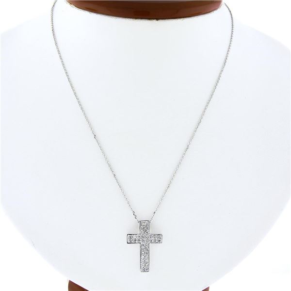 NEW 14k White Gold.60 ctw Round Pave Diamond Boxy Cross Slide Pendant & 18 Chain