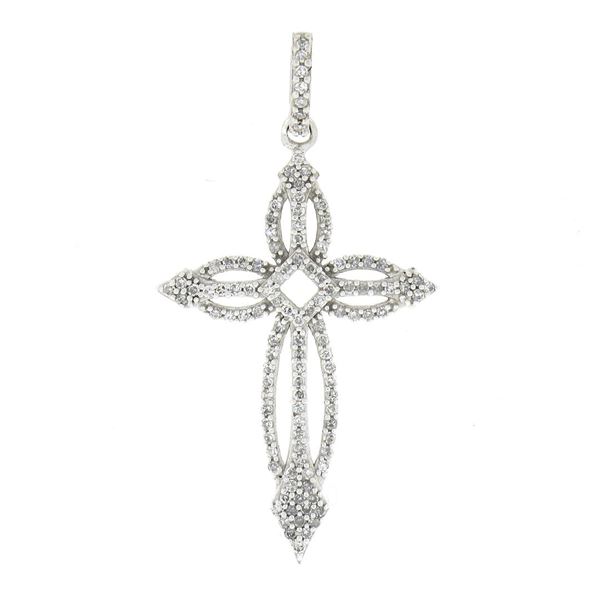 Solid 10k White Gold 0.35 ctw Round Prong Set Diamond Open Work Cross Pendant