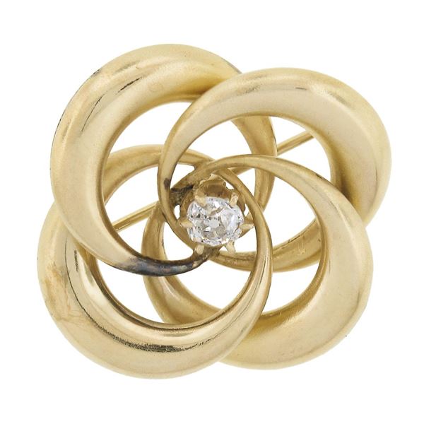 Antique Victorian 14k Yellow Gold Infinity Love Knot Brooch w/ Old Cut Diamond