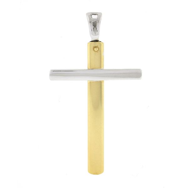 Estate Unisex Classic 18k Yellow & White Gold High Polished Large Cross Pendant