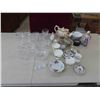Image 1 : Crystal Glassware, China Teapot, Creamers, Sugar 